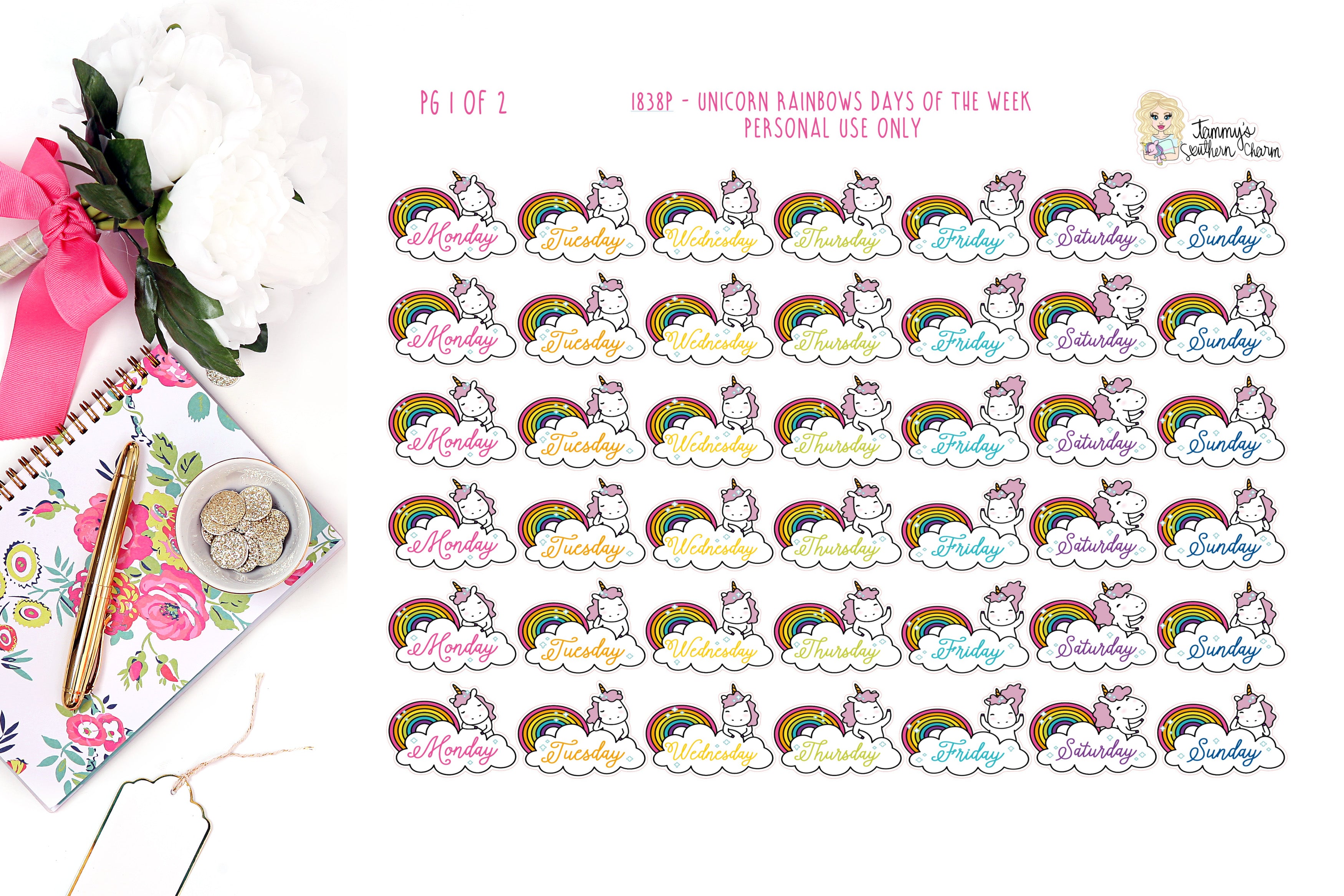 1838P -  UNICORN RAINBOWS -DAYS OF THE WEEK (INSTANT DOWNLOAD)