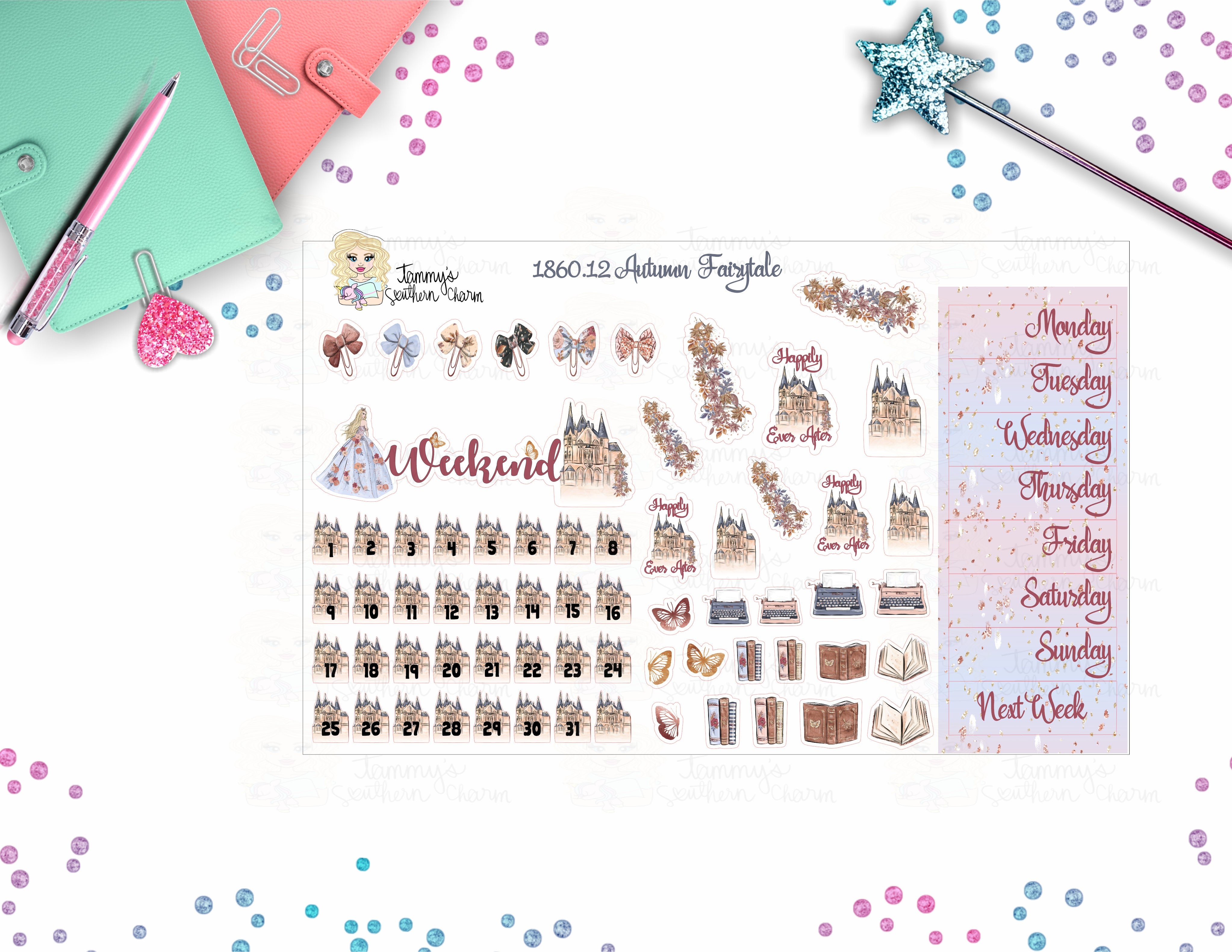1860.12 - AUTUMN FAIRY TALE - WEEKEND BANNER, DATE COVERS, BOW PAPERCLIP STICKERS, DECO STICKERS, ETC.  6 BOW PAPERCLIP STICKERS 1 WEEKEND BANNER 8 DAY COVERS 31 DATE COVERS, 1 BLANK 26 VARIOUS DECO STICKERS SHEET SIZE:  W: 7.500 IN X H: 4.600 IN