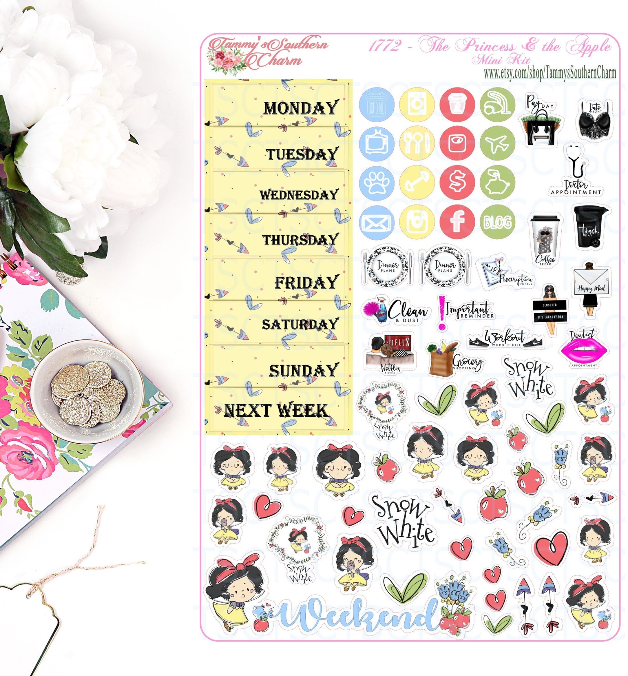 1772 PRINCESS & THE APPLE - Stickers, Planner Stickers, Traveler's nb stickers, Planner Layout, Princess Stickers, snow white inspired