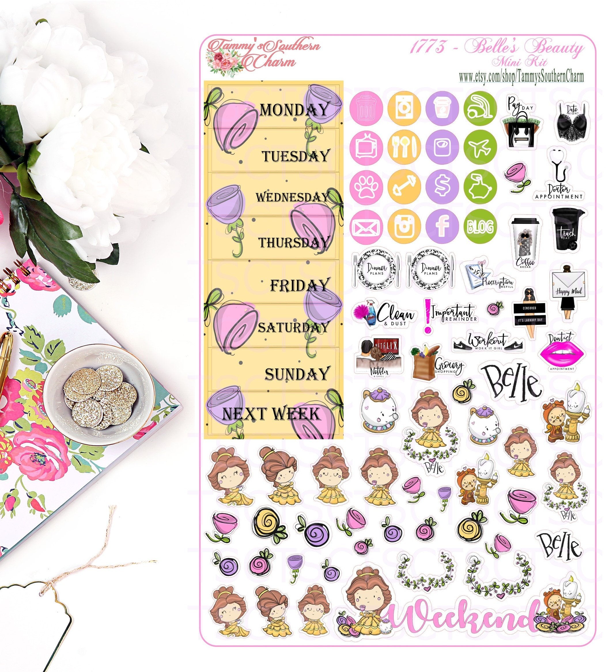 1773 BELLE'S BEAUTY - Stickers, Planner Stickers, Traveler's nb stickers, Planner Layout, Princess Stickers, Princess Layouts